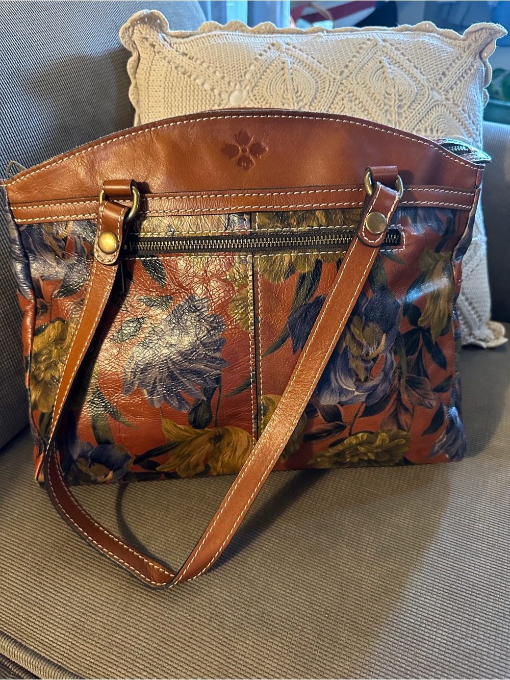 Patricia Nash Rust Brown Floral Leather Shoulder Bag with Blue & Yellow Flowers